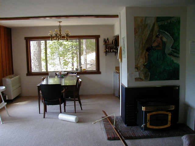 pellet stove and dining area